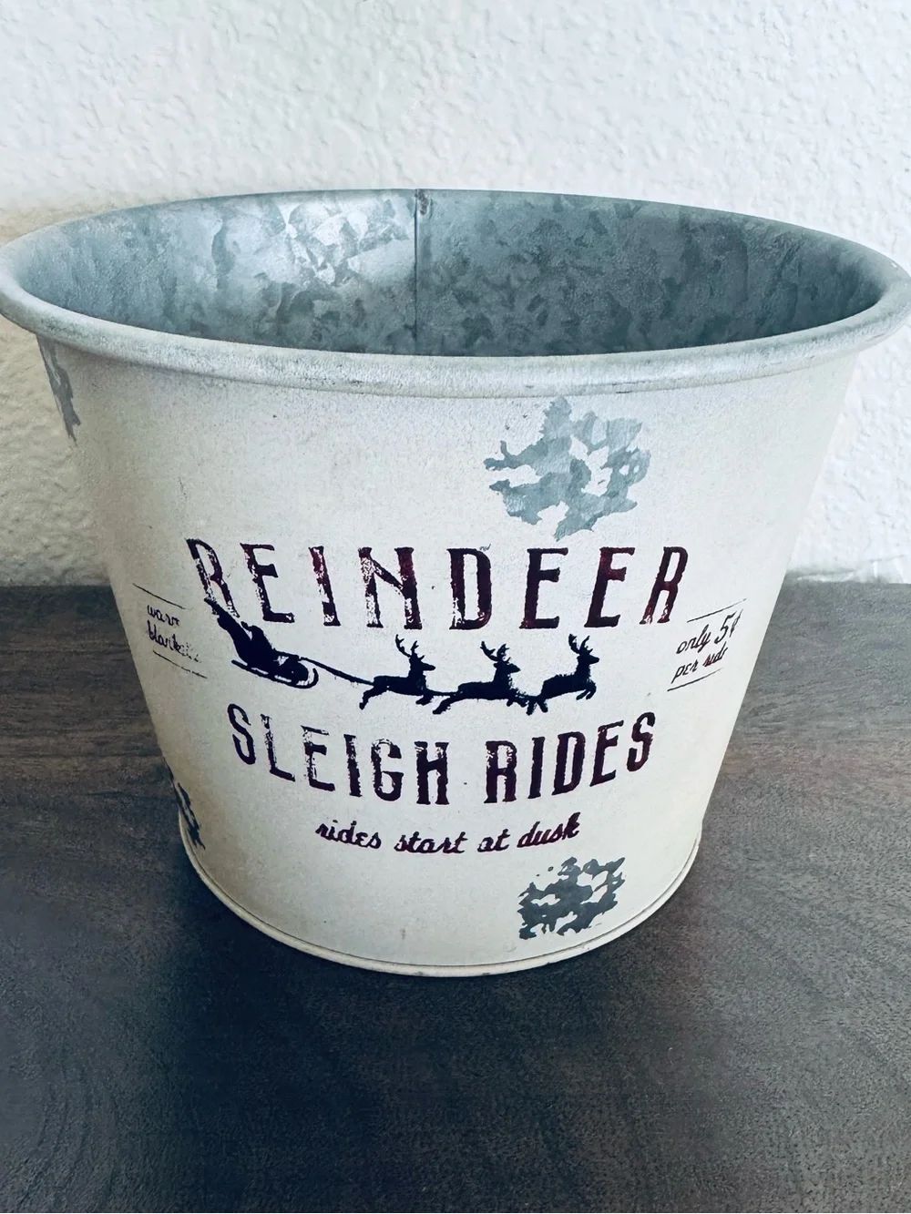 Reindeer Sleigh Rides Vintage Tin Metal Planter Plant Pot